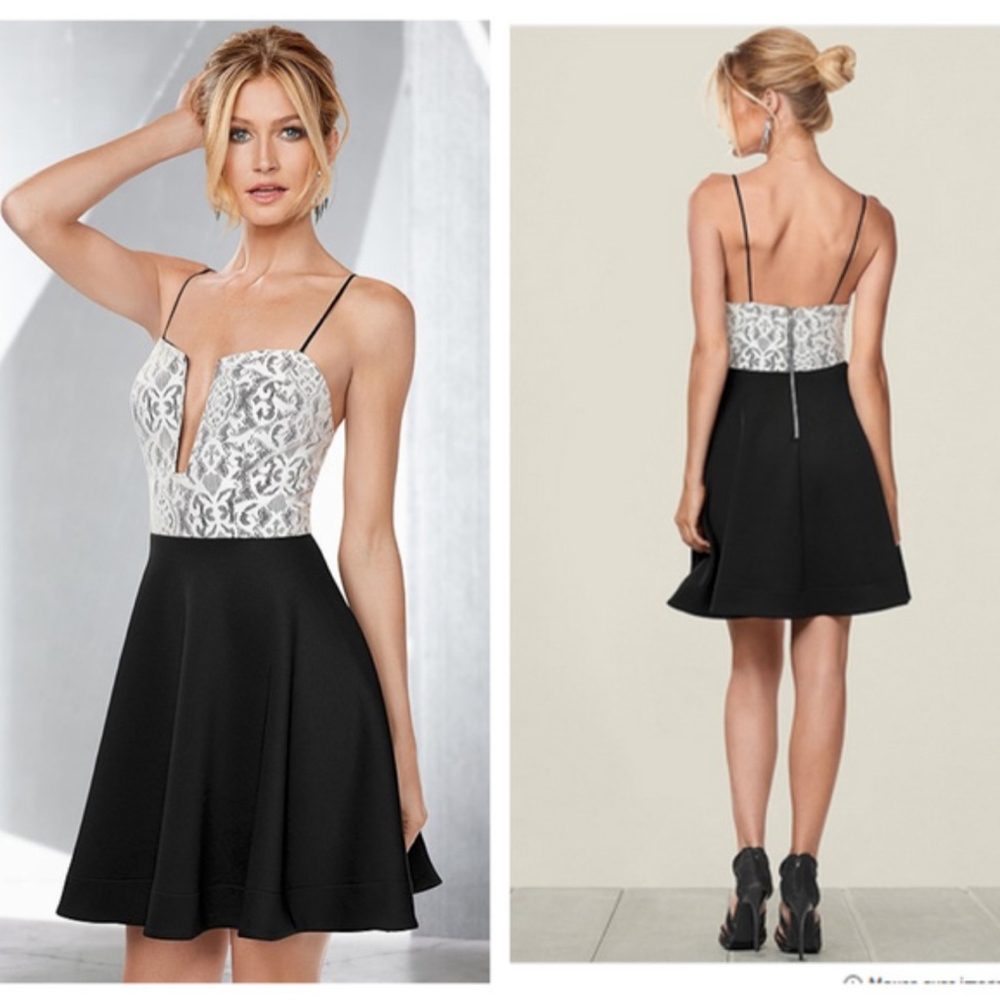VENUS Lace Detail Flare Dress, Black & White - Picture 7 of 7